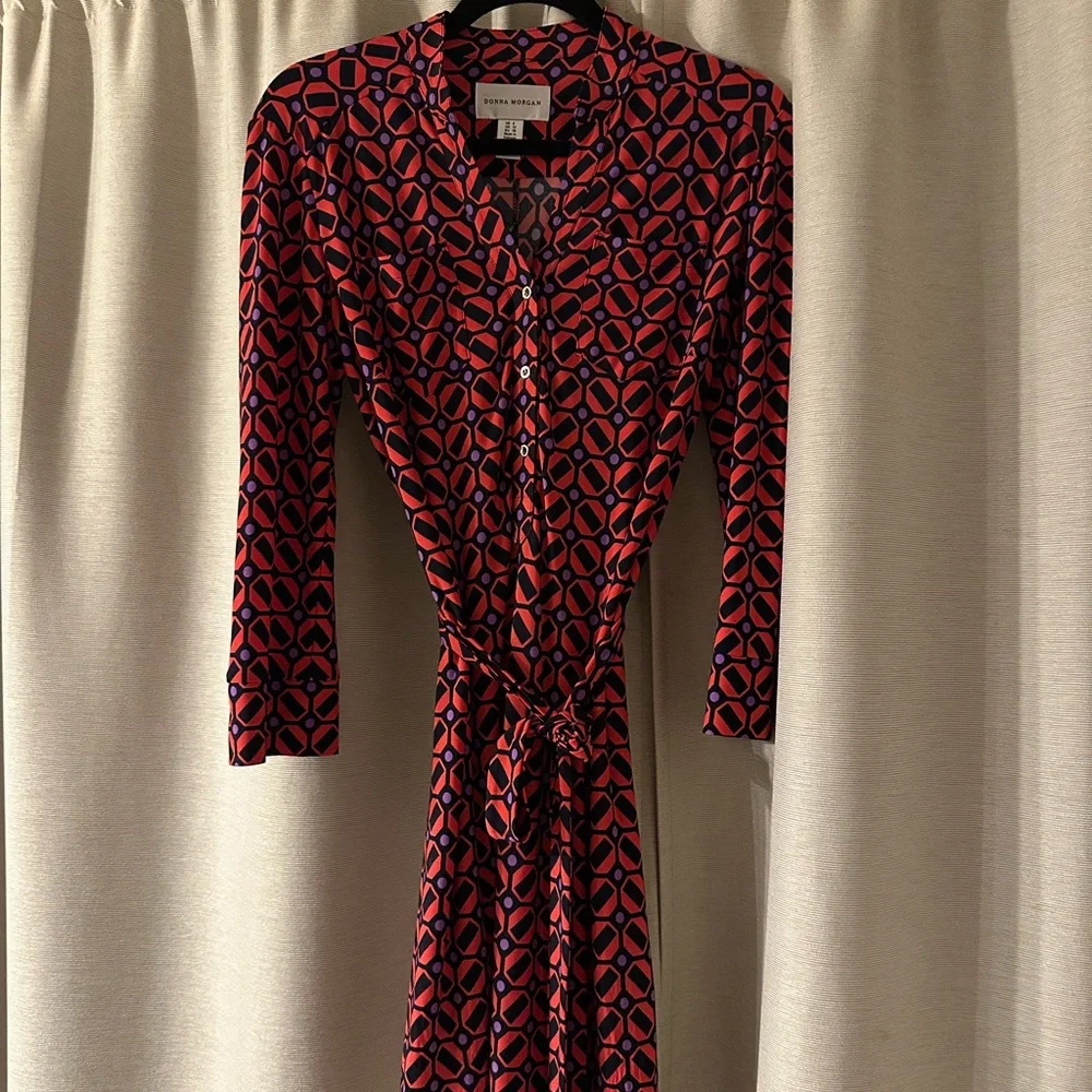 Donna Morgan Red and Black Wrap Dress Long Sleeve - Picture 1 of 3